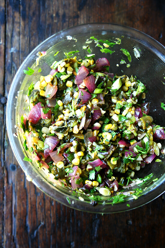 I served this grilled pablanos salsa with grilled, diced New York Strip steak, but skirt, hanger or flank would be really nice, too. And while meat, especially with occasions like Father's Day in mind, feels like a must, with this salsa on the table, I find myself forgetting the meat altogether, loading up tortilla after tortilla with as much salsa as each can bear, piling on diced avocado and dollops of sour cream. Never have tacos disappeared so quickly. // alexandracooks.com I served this grilled pablanos salsa with grilled, diced New York Strip steak, but skirt, hanger or flank would be really nice, too. And while meat, especially with occasions like Father's Day in mind, feels like a must, with this salsa on the table, I find myself forgetting the meat altogether, loading up tortilla after tortilla with as much salsa as each can bear, piling on diced avocado and dollops of sour cream. Never have tacos disappeared so quickly. // alexandracooks.com