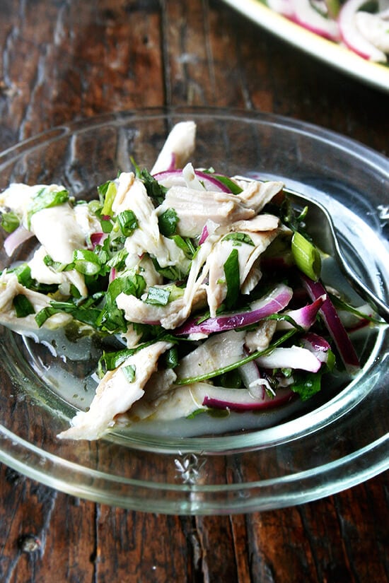 This no-mayo chicken salad is made with a simple dressing of olive oil and vinegar with big, plump pieces of chicken, lots of herbs, and a nice bite in the dressing. It's another nice no-mayo salad to serve at a summer gathering or to bring to a potluck. And there's only one thing to keep in mind while making it: less is not more. Don't be afraid to heap on those herbs. // alexandracooks.com This no-mayo chicken salad is made with a simple dressing of olive oil and vinegar with big, plump pieces of chicken, lots of herbs, and a nice bite in the dressing. It's another nice no-mayo salad to serve at a summer gathering or to bring to a potluck. And there's only one thing to keep in mind while making it: less is not more. Don't be afraid to heap on those herbs. // alexandracooks.com