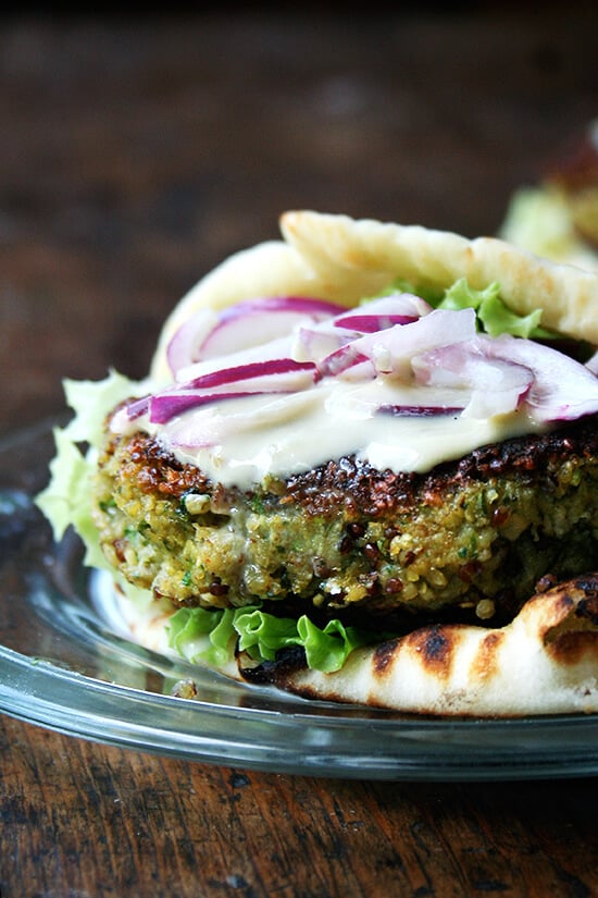 All summer, I've been trying to make a good veggie burger, and I've finally found a formula I love. Here, fresh, simple ingredients offer bite, smoke, and freshness. A cup of cooked quinoa, too, provides a nice crunch throughout, the grains crisping up during the quick sear on the stovetop. These happen to be vegan to boot. // alexandracooks.com All summer, I've been trying to make a good veggie burger, and I've finally found a formula I love. Here, fresh, simple ingredients offer bite, smoke, and freshness. A cup of cooked quinoa, too, provides a nice crunch throughout, the grains crisping up during the quick sear on the stovetop. These happen to be vegan to boot. // alexandracooks.com