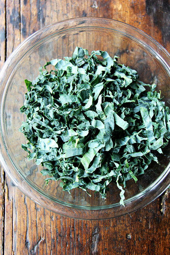 A bowl of chopped kale.