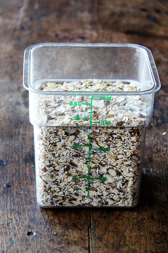 A large vat of homemade muesli.