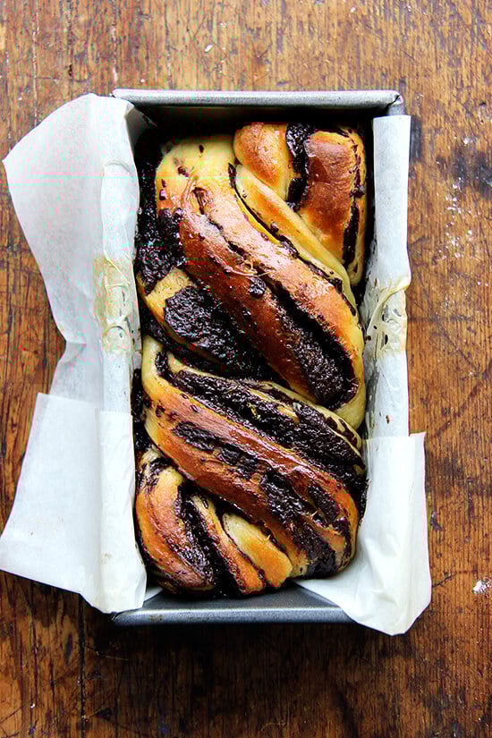 I love this babka hybrid — can't stop eating it! — and as soon as I finish off the remaining loaf on my counter, I am locking up all of my flours and leavening agents and chocolate, and I am putting an end to this baking spree once and for all! // alexandracooks.com Overhead shot of just-baked babka.