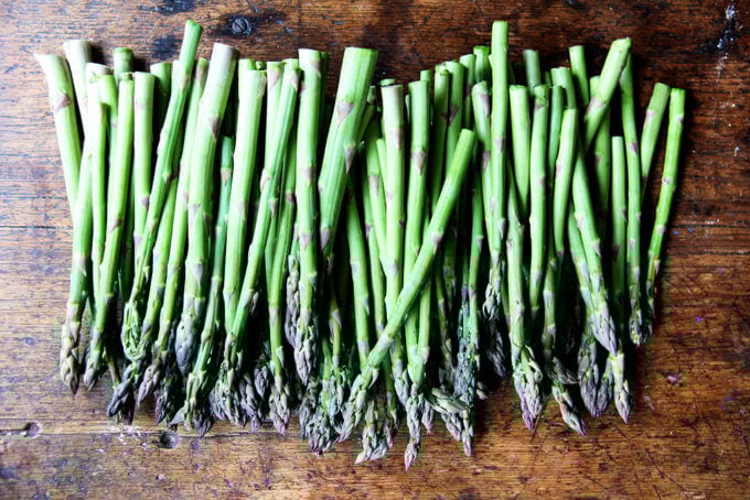 Asparagus on a board.