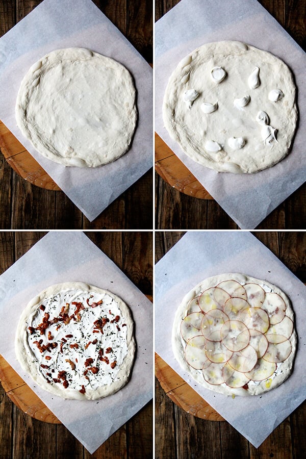 The paper-thin potatoes on this potato pizza require no pre-cooking, and a drizzle of olive oil and sea salt overtop renders additional cheese unnecessary. This has to be one of my all-time favorite pizzas (feeling bold!) though I have no doubt the fresh potatoes play a role here. Also bacon. And crème fraîche. // alexandracooks.com The paper-thin potatoes on this potato pizza require no pre-cooking, and a drizzle of olive oil and sea salt overtop renders additional cheese unnecessary. This has to be one of my all-time favorite pizzas (feeling bold!) though I have no doubt the fresh potatoes play a role here. Also bacon. And crème fraîche. // alexandracooks.com