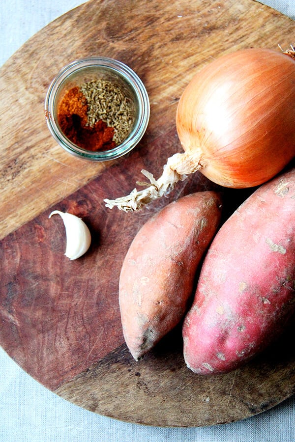 ingredients for the sweet potato quesadillas on a board