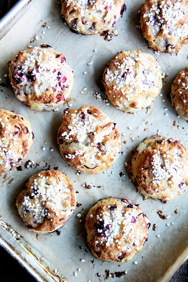 These cranberry scones are a delightful Christmas treat that are satisfying, beautiful, and so easy to whip together! // alexandracooks.com An overhead shot of a tray of freshly baked cranberry scones.