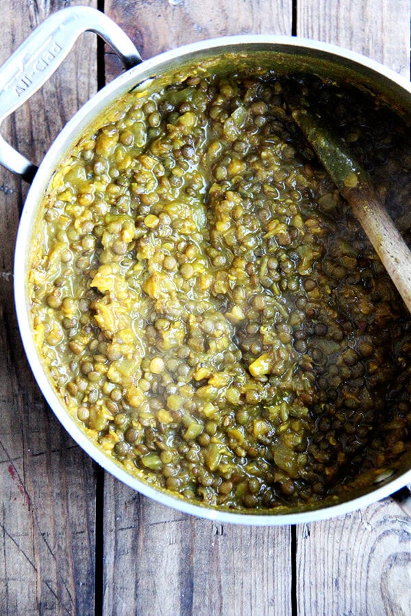 This two-lentil dal is delicious and couldn't be simpler to throw together: sweat an onion, add spices (cumin, coriander fennel, turmeric and crushed red pepper flakes) and lentils, cover with water, simmer until done. The result, a happy mix of creamy and chunky, like a partially puréed soup, will be very welcomed at the table. // alexandracooks.com This two-lentil dal is delicious and couldn't be simpler to throw together: sweat an onion, add spices (cumin, coriander fennel, turmeric and crushed red pepper flakes) and lentils, cover with water, simmer until done. The result, a happy mix of creamy and chunky, like a partially puréed soup, will be very welcomed at the table. // alexandracooks.com