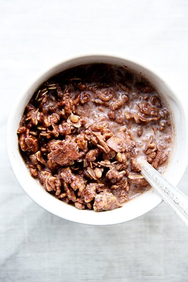 A bowl of homemade cocoa crunch with milk.