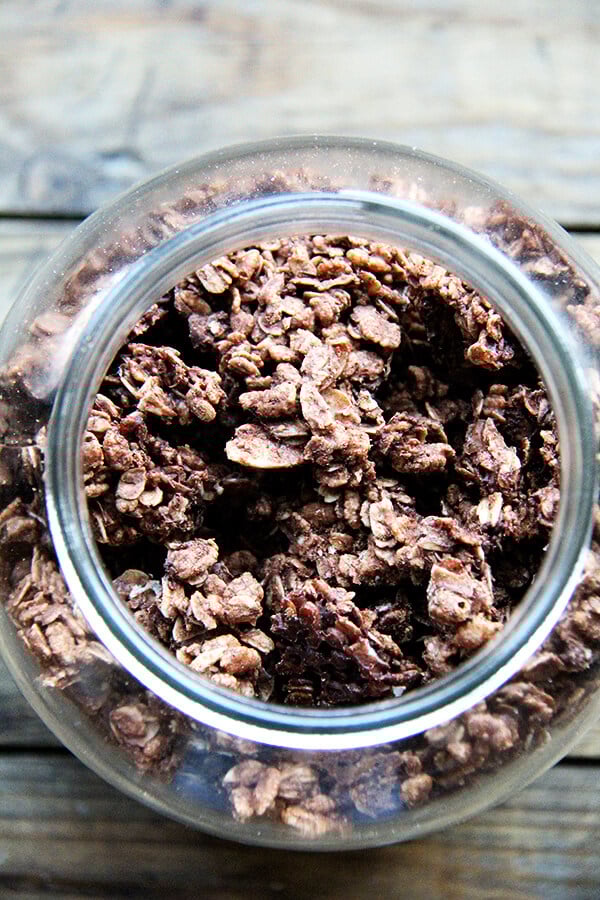 A jar of homemade cocoa crunch.