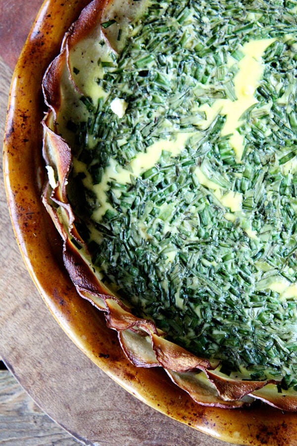 In any incarnation — made in its entirety with a flaky, buttery pastry shell or without a crust altogether and loaded with kale — the Tartine quiche is a treat. But this latest variation, which is just slightly more work than its crustless predecessor, may be my favorite yet. The potato crust is so tasty, so pretty, and, if you own a mandoline, easy to assemble, too. // alexandracooks.com In any incarnation — made in its entirety with a flaky, buttery pastry shell or without a crust altogether and loaded with kale — the Tartine quiche is a treat. But this latest variation, which is just slightly more work than its crustless predecessor, may be my favorite yet. The potato crust is so tasty, so pretty, and, if you own a mandoline, easy to assemble, too. // alexandracooks.com