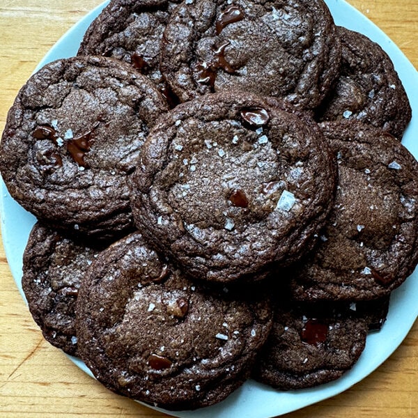 Double chocolate espresso cookies on a plate.
