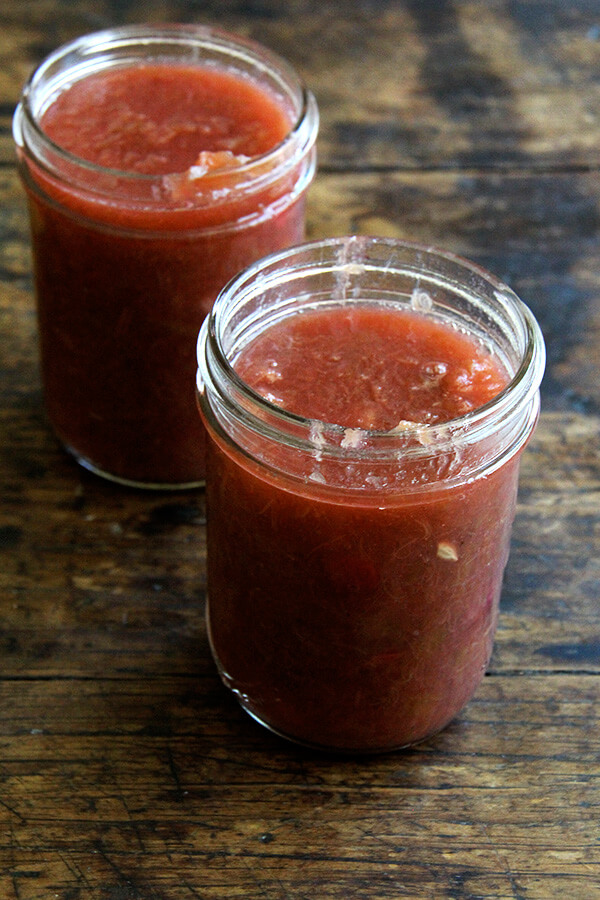 Jarred rhubarb compote.