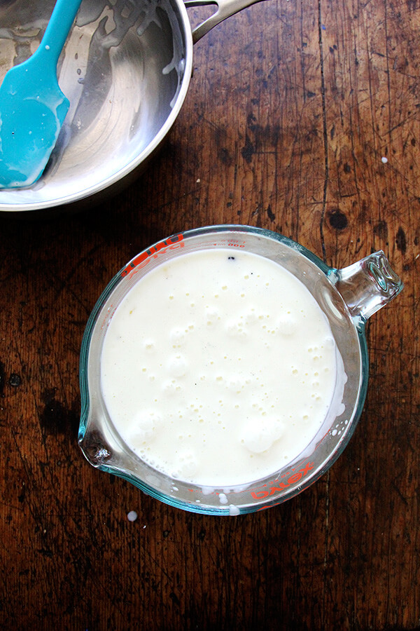 Buttermilk-cream mixture in a liquid measure.