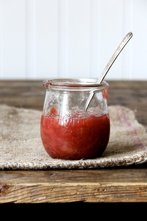 This rhubarb compote is delicious and easy and light (tasting, at least). It also found purpose for the rhubarb I had picked up last week: a sweet-tart lemony compote, a perfect spring lily-gilding condiment. // alexandracooks.com Rhubarb compote with a spoon.