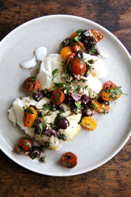 Pan-seared cod with sauce Nicoise.