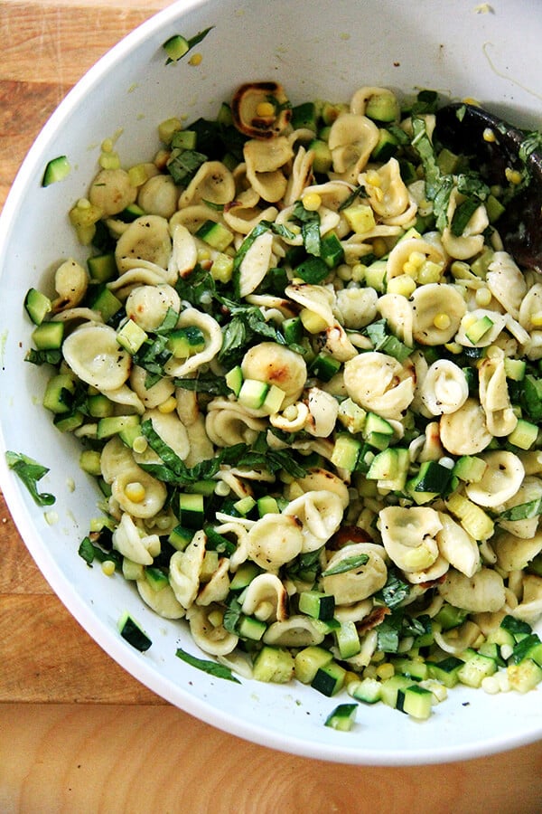 This recipe calls for toasted orecchiette in a hot skillet in a little bit of olive oil. It's a simple step, but one that provides this zucchini and corn pasta with a little more texture, color, and flavor. // alexandracooks.com This recipe calls for toasted orecchiette in a hot skillet in a little bit of olive oil. It's a simple step, but one that provides this zucchini and corn pasta with a little more texture, color, and flavor. // alexandracooks.com