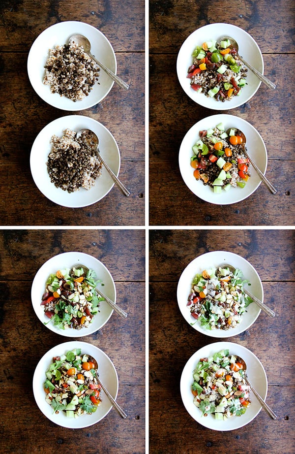 I can't seem to get enough of this bulgar bowl: a mix of bulgur and lentils, chopped cucumbers and tomatoes, toasted almonds, cilantro, and a lemon-tahini dressing. When you have some of the components prepared ahead of time, the assembly happens quickly! // alexandracooks.com I can't seem to get enough of this bulgar bowl: a mix of bulgur and lentils, chopped cucumbers and tomatoes, toasted almonds, cilantro, and a lemon-tahini dressing. When you have some of the components prepared ahead of time, the assembly happens quickly! // alexandracooks.com