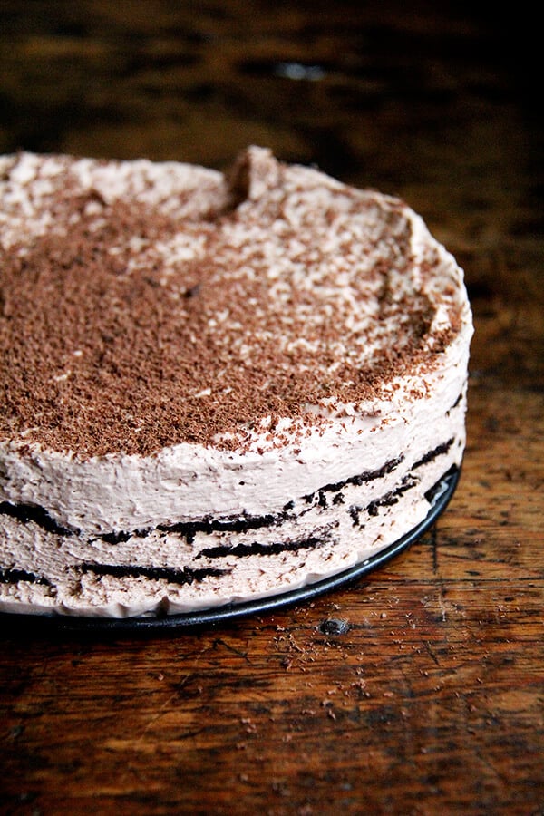 This chocolate-espresso icebox cake takes all of 20 minutes to throw together, will receive rave reviews from your guests, and you will find too irresistible, impossible, in fact, not to sneak a little spoonful of every time you open the fridge. // alexandracooks.com This chocolate-espresso icebox cake takes all of 20 minutes to throw together, will receive rave reviews from your guests, and you will find too irresistible, impossible, in fact, not to sneak a little spoonful of every time you open the fridge. // alexandracooks.com