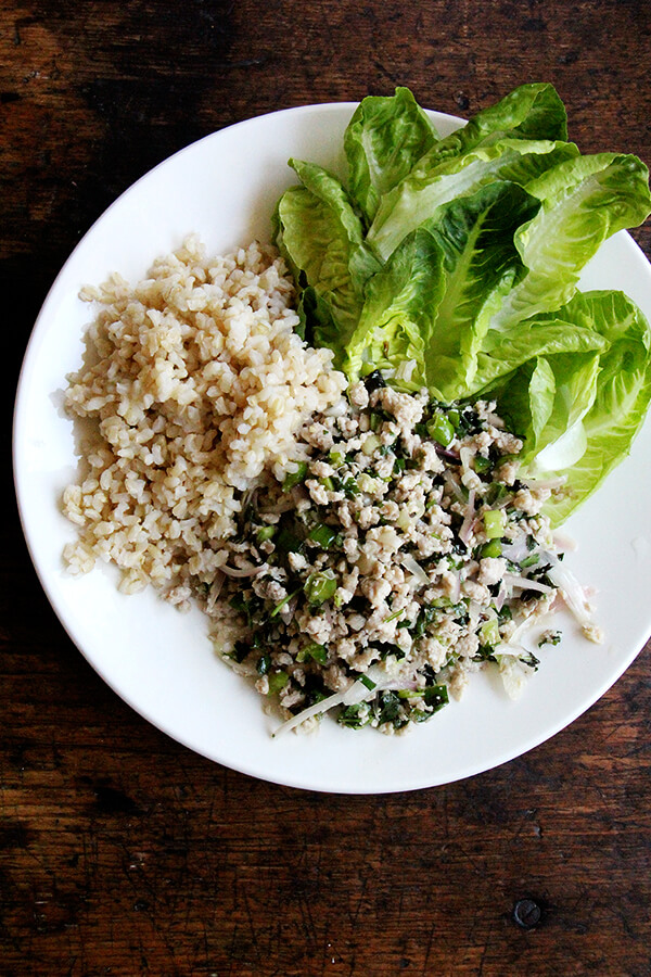 Larb, the Thai chicken salad loaded with fresh herbs, shallots, and chilies, is so good. At once refreshing, spicy, and satisfying. A perfect meal for hot summer nights. // alexandracooks.com Larb, the Thai chicken salad loaded with fresh herbs, shallots, and chilies, is so good. At once refreshing, spicy, and satisfying. A perfect meal for hot summer nights. // alexandracooks.com