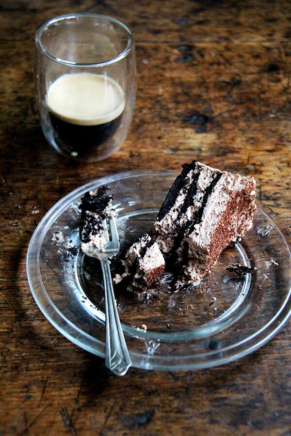 This chocolate-espresso icebox cake takes all of 20 minutes to throw together, will receive rave reviews from your guests, and you will find too irresistible, impossible, in fact, not to sneak a little spoonful of every time you open the fridge. // alexandracooks.com This chocolate-espresso icebox cake takes all of 20 minutes to throw together, will receive rave reviews from your guests, and you will find too irresistible, impossible, in fact, not to sneak a little spoonful of every time you open the fridge. // alexandracooks.com