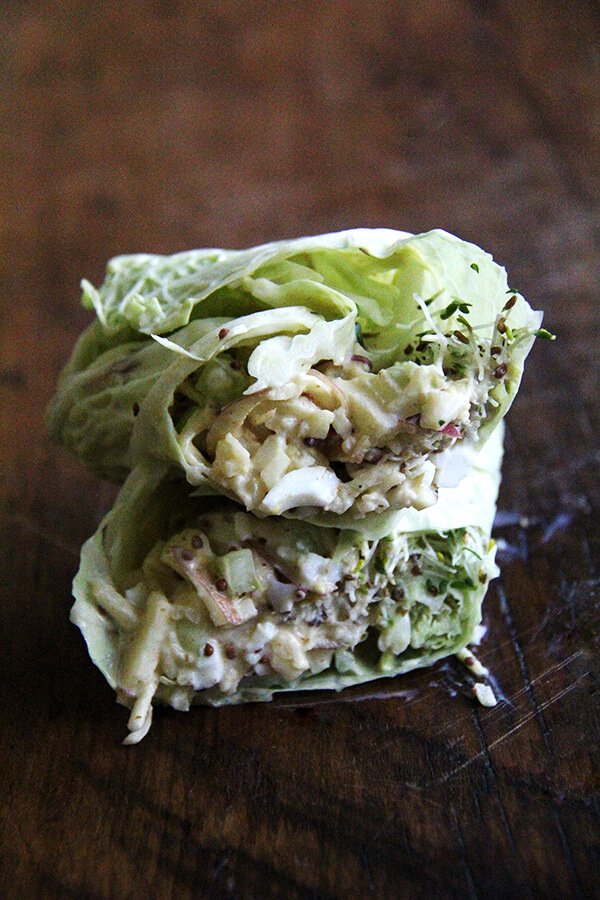 I love the addition of grapes, apples, nuts, and dried fruit in this curried apple and egg salad — bits of crunch punctuating the creaminess, sweet counterpoints to the tangy dressings. The lemony dressing is made with Greek yogurt and grainy mustard, and although there is no mayonnaise, the salad does not suffer. It's light, fresh, and completely satisfying. // alexandracooks.com I love the addition of grapes, apples, nuts, and dried fruit in this curried apple and egg salad — bits of crunch punctuating the creaminess, sweet counterpoints to the tangy dressings. The lemony dressing is made with Greek yogurt and grainy mustard, and although there is no mayonnaise, the salad does not suffer. It's light, fresh, and completely satisfying. // alexandracooks.com