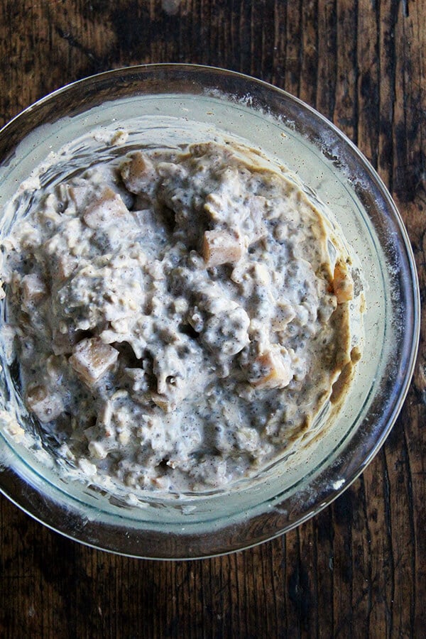 These apple pie overnight oats are a mix of rolled oats, almond milk, yogurt, chia seeds, and cubes of apples quickly sautéed with cinnamon and maple syrup. You mix it up at night (or 4 hours before you wish to eat them), and in the morning you awake to a hearty and completely delicious breakfast. It's a miracle. // alexandracooks.com These apple pie overnight oats are a mix of rolled oats, almond milk, yogurt, chia seeds, and cubes of apples quickly sautéed with cinnamon and maple syrup. You mix it up at night (or 4 hours before you wish to eat them), and in the morning you awake to a hearty and completely delicious breakfast. It's a miracle. // alexandracooks.com