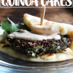 A plate topped with a crispy quinoa cake and tahini sauce.