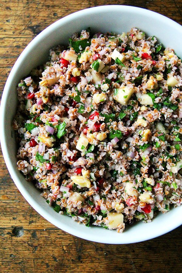This fall tabbouleh is so refreshing and includes pomegranates, apple, and walnuts. What's more, no cooking is required — bulgur simply needs to be soaked in cold water for about an hour. // alexandracooks.com This fall tabbouleh is so refreshing and includes pomegranates, apple, and walnuts. What's more, no cooking is required — bulgur simply needs to be soaked in cold water for about an hour. // alexandracooks.com