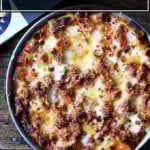 A pan filled with baked ziti.