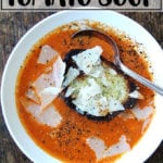 An overhead shot of pantry tomato soup.