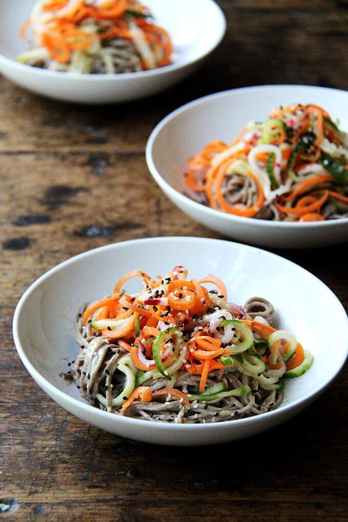 This recipe for almond-sesame soba noodles with quick-pickled vegetables is really fun and super easy. It's also a good one to rely on in the summer — it's so refreshing — and, if you subscribe to a CSA or tend a prolific garden, it makes great use of all of those carrots, cucumbers, and radishes you may find yourself up to your eyeballs in. // alexandracooks.com This recipe for almond-sesame soba noodles with quick-pickled vegetables is really fun and super easy. It's also a good one to rely on in the summer — it's so refreshing — and, if you subscribe to a CSA or tend a prolific garden, it makes great use of all of those carrots, cucumbers, and radishes you may find yourself up to your eyeballs in. // alexandracooks.com