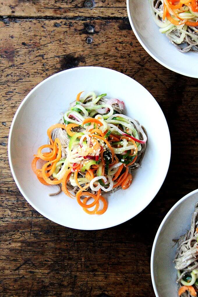 This recipe for almond-sesame soba noodles with quick-pickled vegetables is really fun and super easy. It's also a good one to rely on in the summer — it's so refreshing — and, if you subscribe to a CSA or tend a prolific garden, it makes great use of all of those carrots, cucumbers, and radishes you may find yourself up to your eyeballs in. // alexandracooks.com This recipe for almond-sesame soba noodles with quick-pickled vegetables is really fun and super easy. It's also a good one to rely on in the summer — it's so refreshing — and, if you subscribe to a CSA or tend a prolific garden, it makes great use of all of those carrots, cucumbers, and radishes you may find yourself up to your eyeballs in. // alexandracooks.com