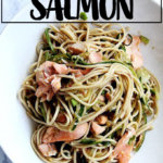 A bowl of soba noodles with ginger-sesame salmon.