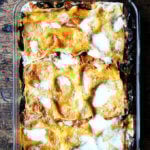 A pan of roasted eggplant and Swiss chard lasagna.