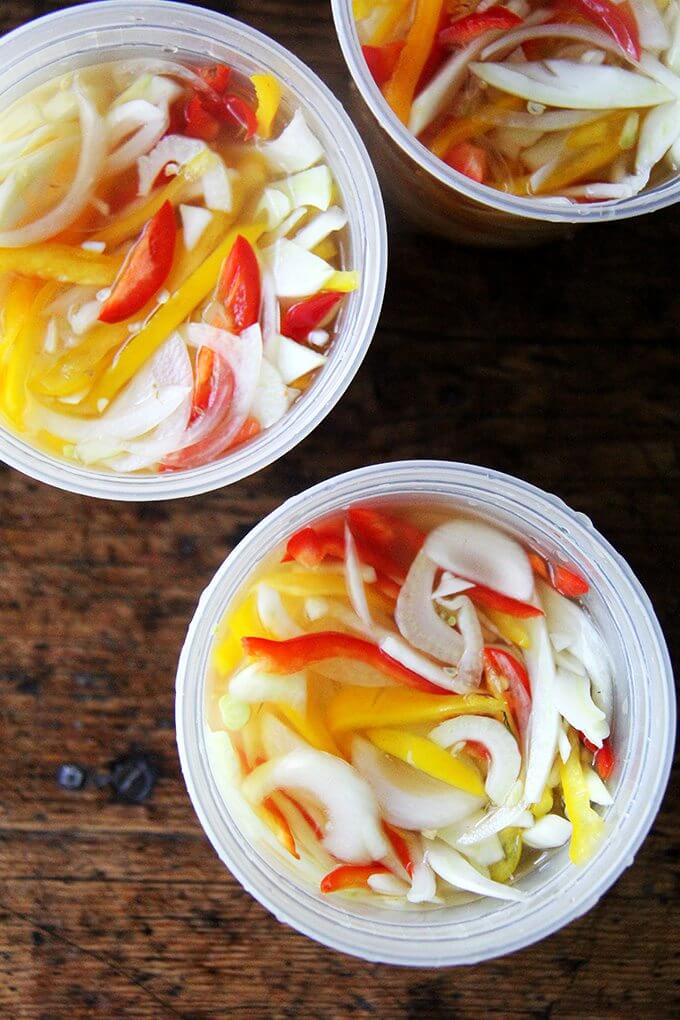 Here I've pickled peppers, onions, and fennel, and I've been tucking the mix into sandwiches, spreading it atop melty cheese toasts, and, as intended, sprinkling it over just-baked pizza. I imagine it would be fabulous with grilled bratwurst or in a Philly cheesesteak-style sandwich. // alexandracooks.com Here I've pickled peppers, onions, and fennel, and I've been tucking the mix into sandwiches, spreading it atop melty cheese toasts, and, as intended, sprinkling it over just-baked pizza. I imagine it would be fabulous with grilled bratwurst or in a Philly cheesesteak-style sandwich. // alexandracooks.com
