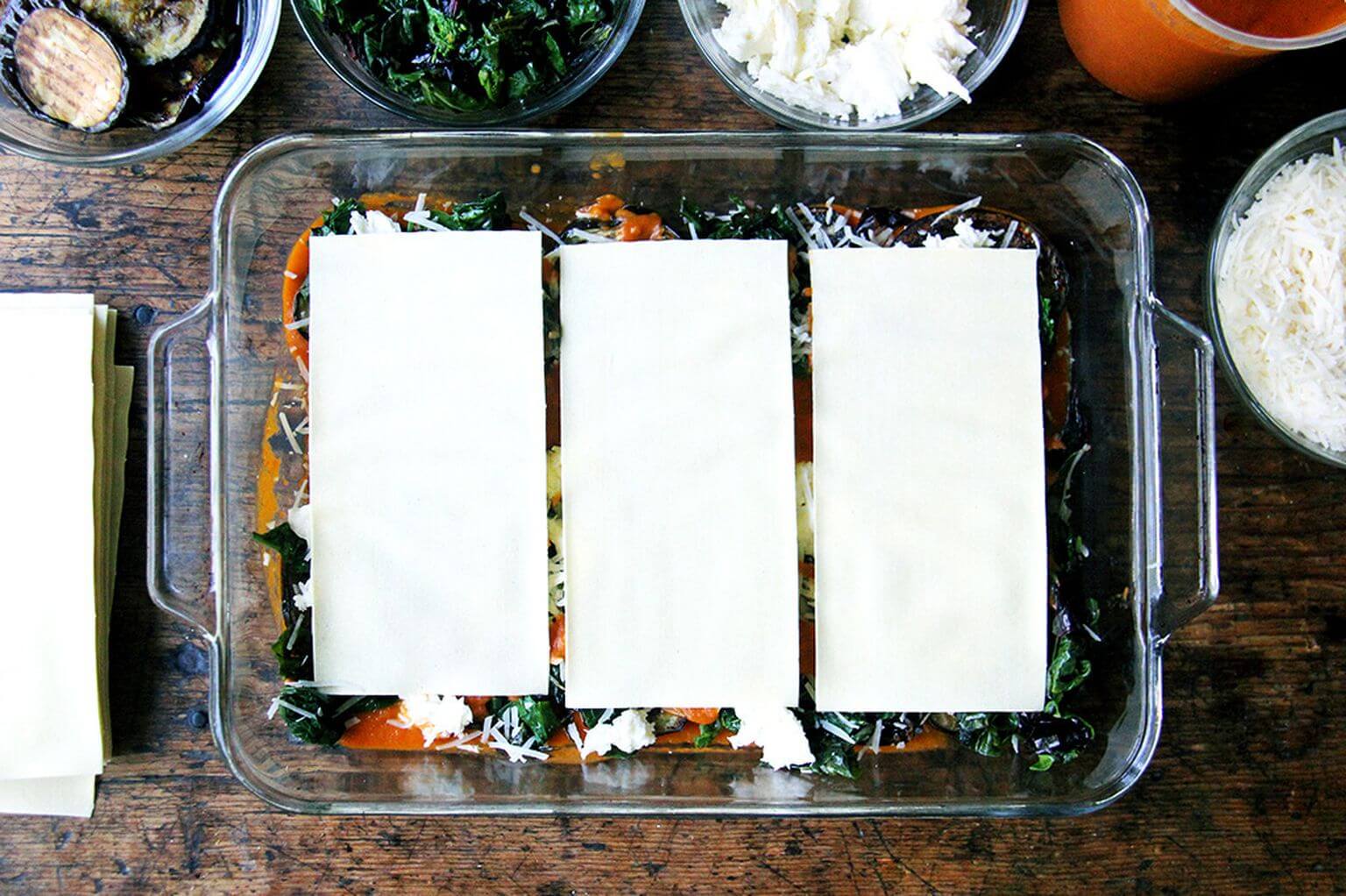 Top layer of no-boil noodles in unbaked roasted eggplant lasagna.