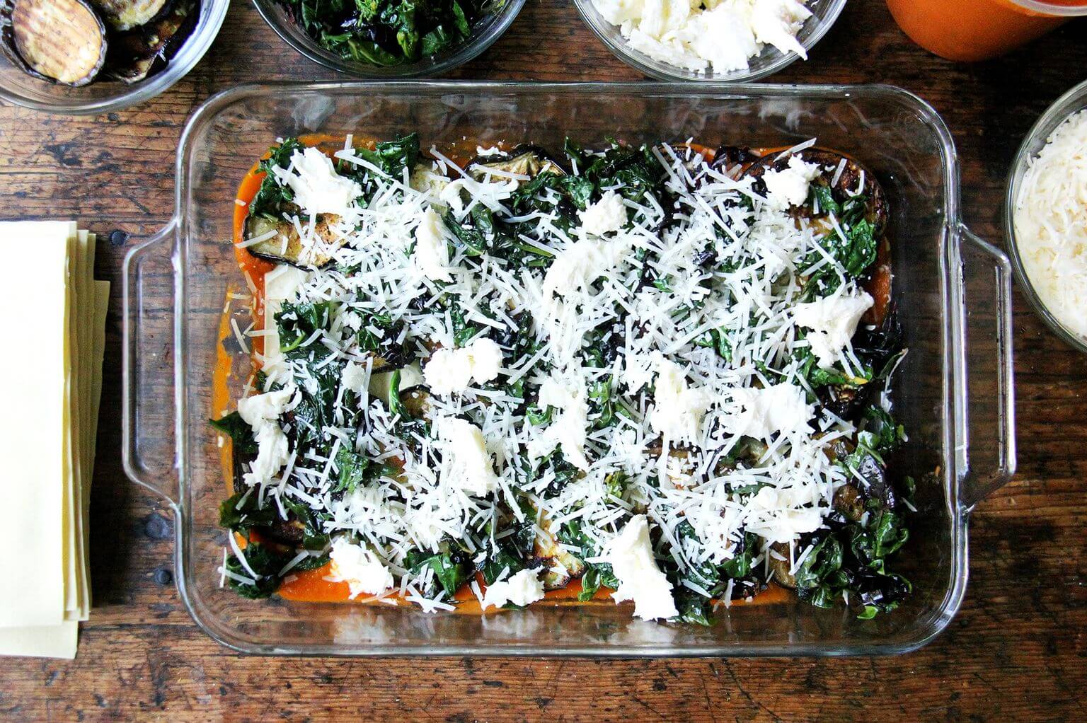 A layer of cheese in roasted eggplant Swiss chard lasagna.