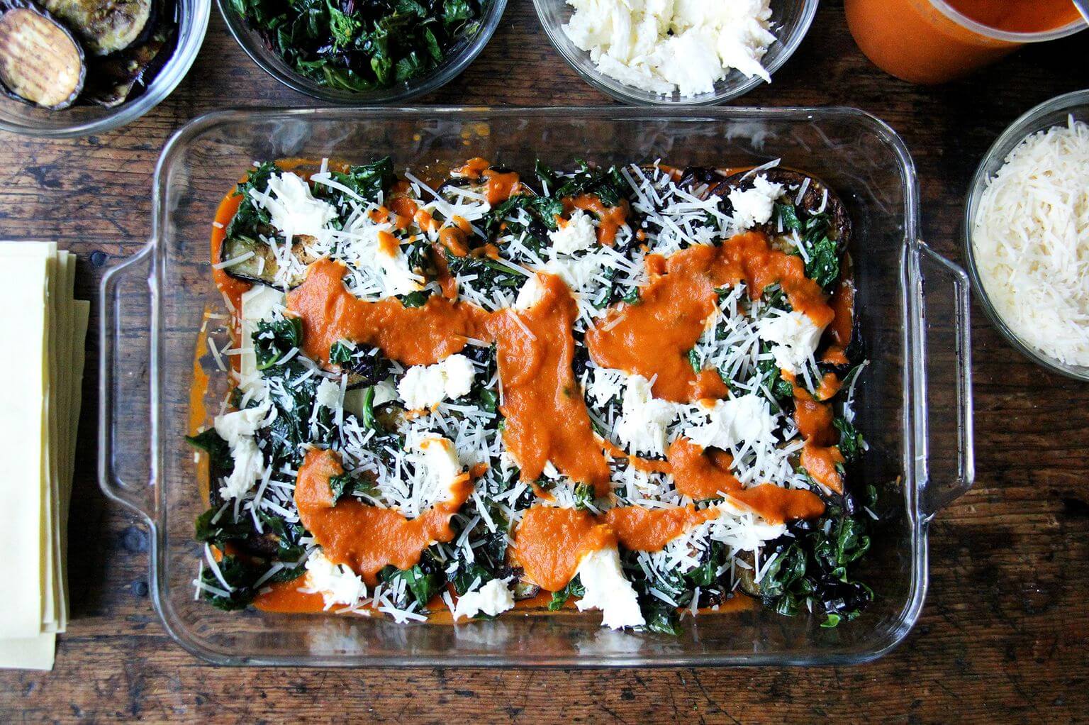 A layer of sauce in roasted eggplant Swiss chard lasagna.