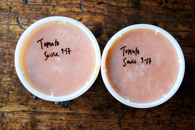 Two quarts of tomato sauce, dated.