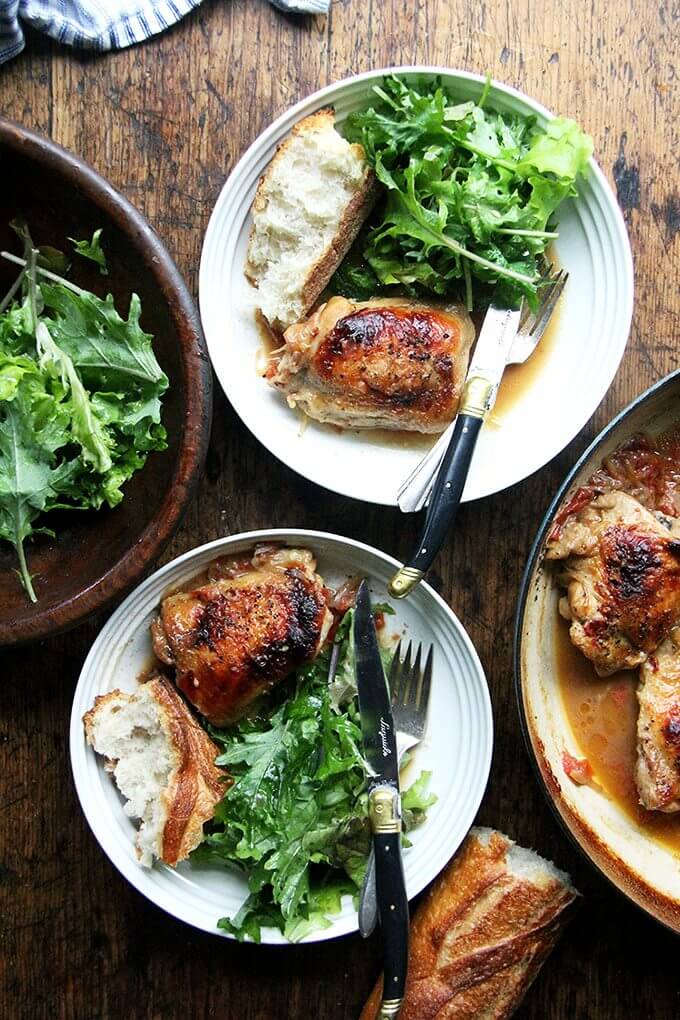 After 40 minutes in the oven, this one-pan chicken with sherry vinegar sauce emerges with beautifully golden and crisp skin, meat falling off the bone, a plentiful sauce pooling all around. Easy peasy. // alexandracooks.com One-pan chicken with sherry vinegar sauce.