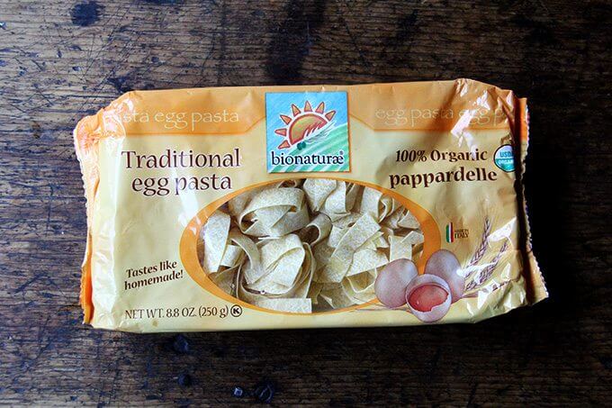 A package of pappardelle pasta.