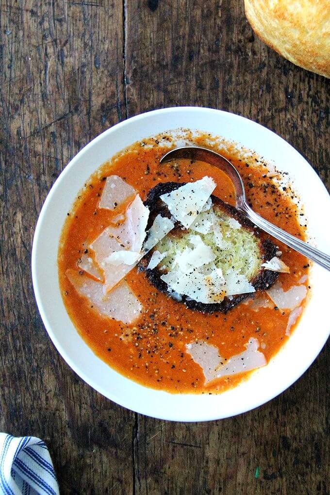 Pantry tomato soup in a bowl.