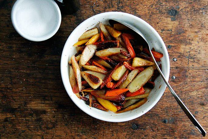 Roasted carrots seasoned with salt and pepper.