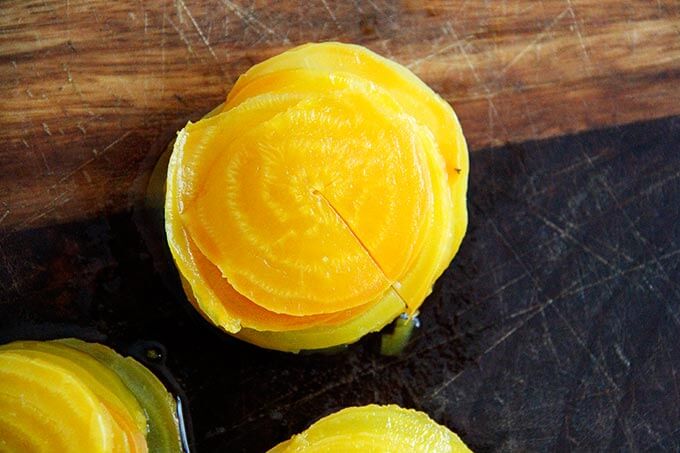 Stacked, sliced beets.