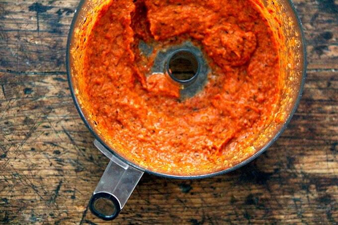 Homemade harissa paste in a food processor.