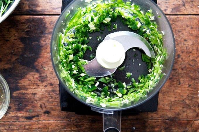 A good processor filled with puréed chilies and garlic.