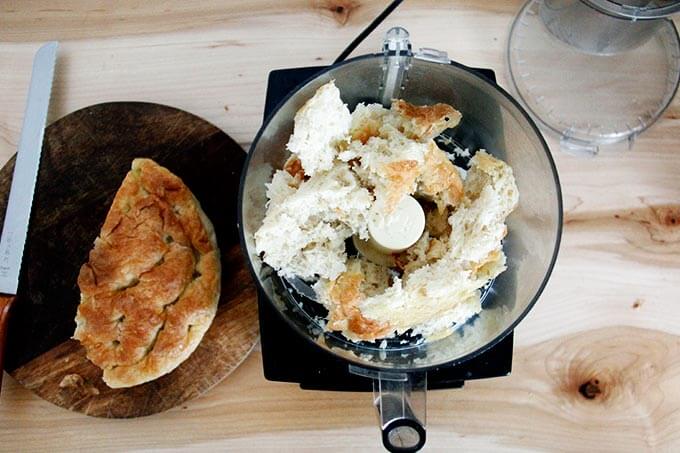 Bread in a food processor. 