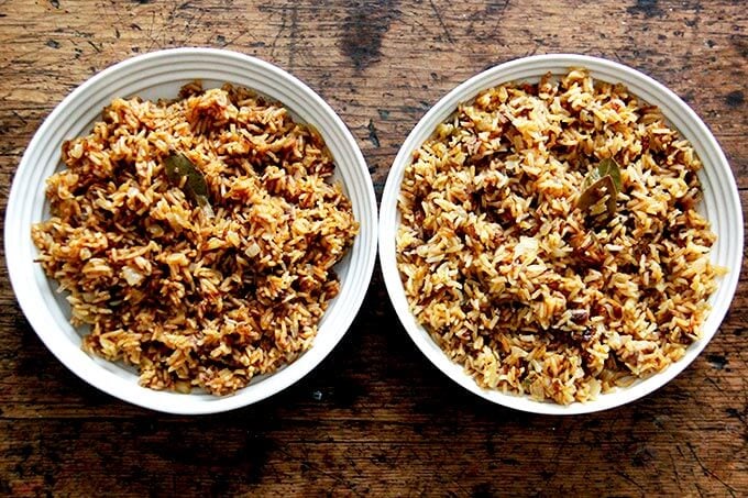 Two bowls of Moroccan rice, side by side.