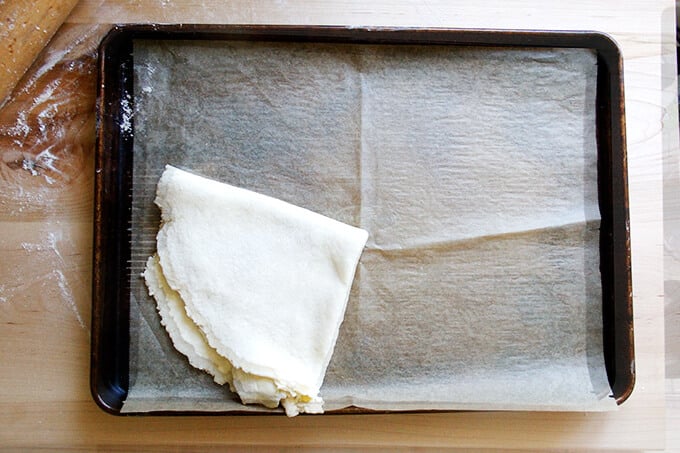 Foolproof food processor pastry dough on a sheet pan.
