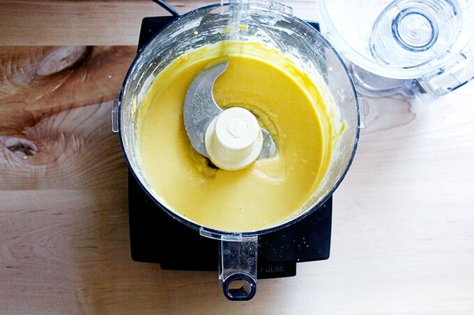 Puréed frangipane in food processor.